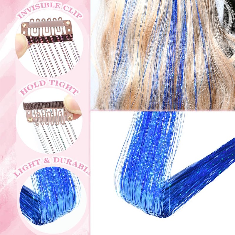 EROADE Hair Tinsel 12 Pcs Clip in Hair Tinsel Kit for Girls 22 Inch Glitter Fairy Tinsel Hair Extensions Colorful Heat Resistant Party Festival Accessories for Women Kids (Sapphire Blue) - Image 2